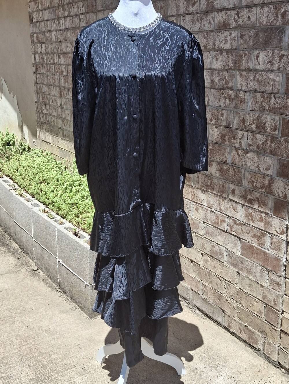 Vintage 1980s Christie Black Relaxed Buttoned Tiered Ruffle Maxi Dress Size 18 - Picture 5 of 15